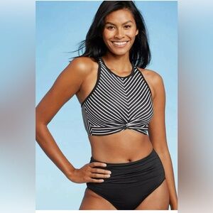 Kona Sol Twist-Front Black and White Striped Bikini Top
